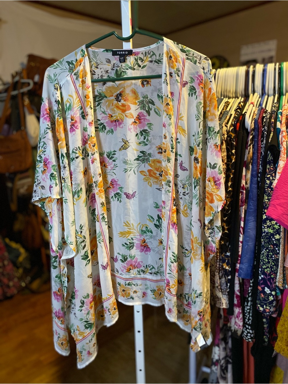 torrid White Floral Open-Front Kimono with Yellow & Pink Blooms with green leaf